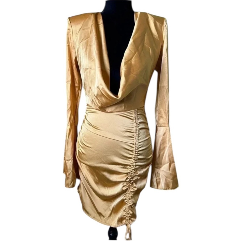 Pretty Little Thing Womens Yellow Ruched Plunge Cowl Neck Long Sleeve Dress 2